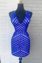 Champagne Sequins V-Neck Tight Homecoming Dress