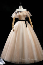 Champagne Shiny Tulle Floor Length Formal Prom Dress, Off the Shoulder Evening Dress