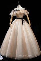 Champagne Shiny Tulle Floor Length Formal Prom Dress, Off the Shoulder Evening Dress