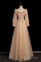 Champagne Short Sleeves Beaded Long Party Dress, A-Line Tulle Formal Prom Dress