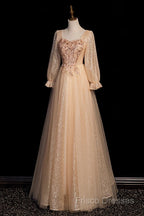 Champagne Short Sleeves Beaded Long Party Dress, A-Line Tulle Formal Prom Dress