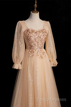 Champagne Short Sleeves Beaded Long Party Dress, A-Line Tulle Formal Prom Dress