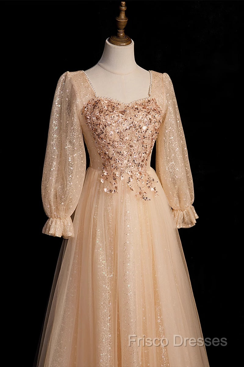 Champagne Short Sleeves Beaded Long Party Dress, A-Line Tulle Formal Prom Dress