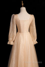 Champagne Short Sleeves Beaded Long Party Dress, A-Line Tulle Formal Prom Dress