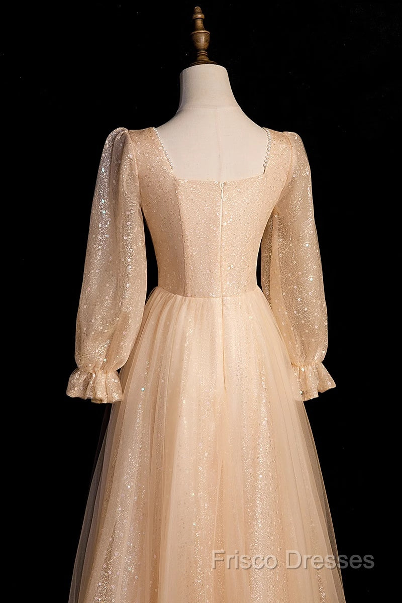 Champagne Short Sleeves Beaded Long Party Dress, A-Line Tulle Formal Prom Dress