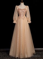 Champagne Short Sleeves Beaded Long Party Dress, A-Line Tulle Prom Dress