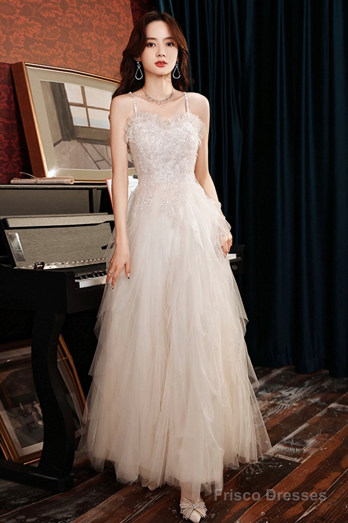 Champagne Spaghetti Strap Long Prom Dress Main image