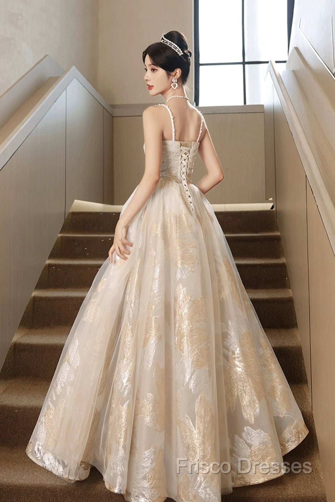 Champagne Spaghetti Strap Tulle Formal Dress, A-Line Sweetheart Neck Formal Party Dress Secondary image