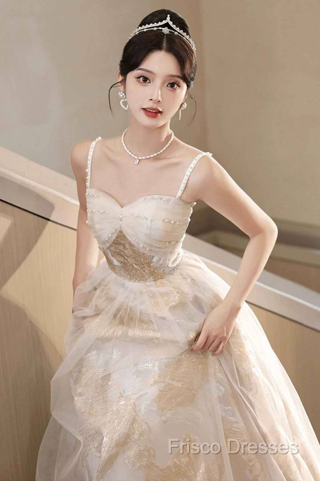 Champagne Spaghetti Strap Tulle Formal Dress, A-Line Sweetheart Neck Formal Party Dress