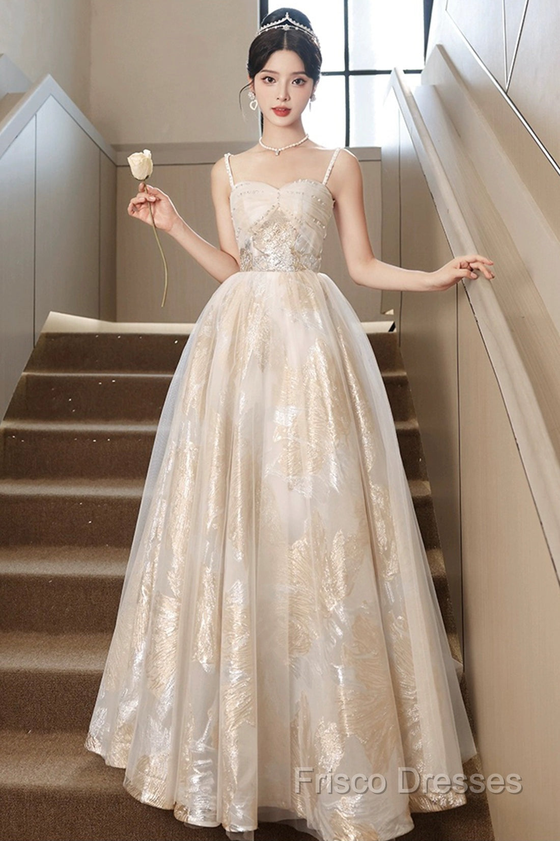 Champagne Spaghetti Strap Tulle Formal Dress, A-Line Sweetheart Neck Formal Party Dress