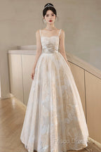 Champagne Spaghetti Strap Tulle Formal Dress, A-Line Sweetheart Neck Formal Party Dress