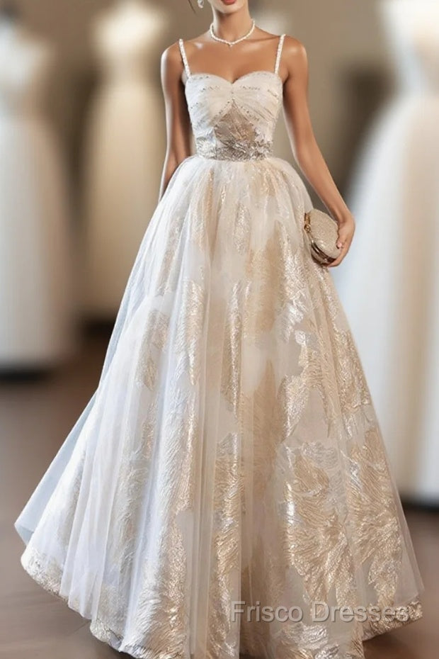 Champagne Spaghetti Strap Tulle Formal Dress, A-Line Sweetheart Neck Formal Party Dress