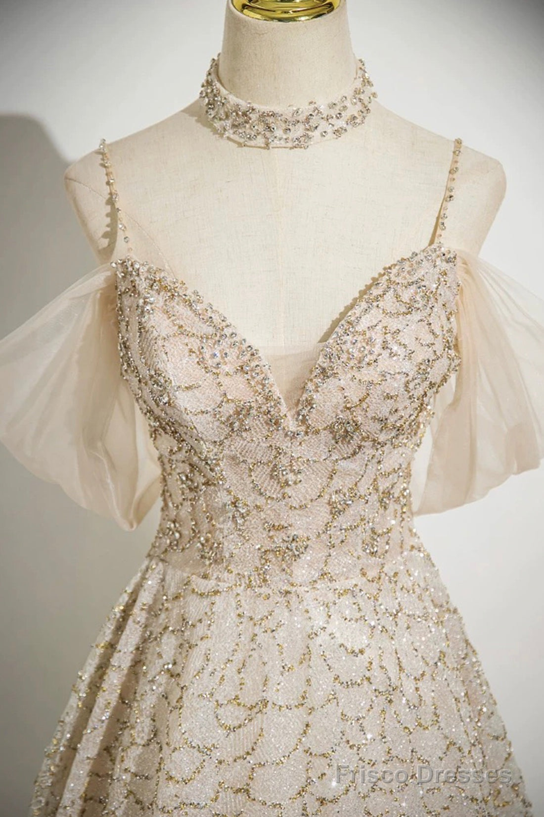 Champagne Spaghetti Strap Tulle Long Prom Dress, Shiny A-Line Evening Dress