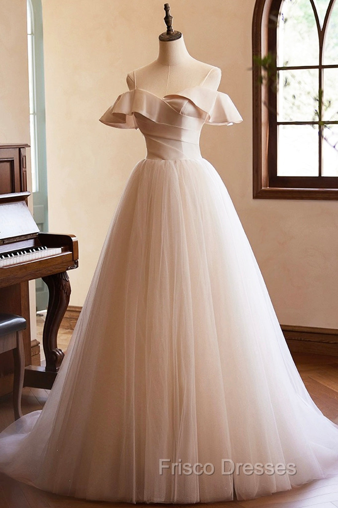 Champagne Spaghetti Straps Floor Length Formal Prom Dress, A-Line Sleeveless Backless Evening Party Dress