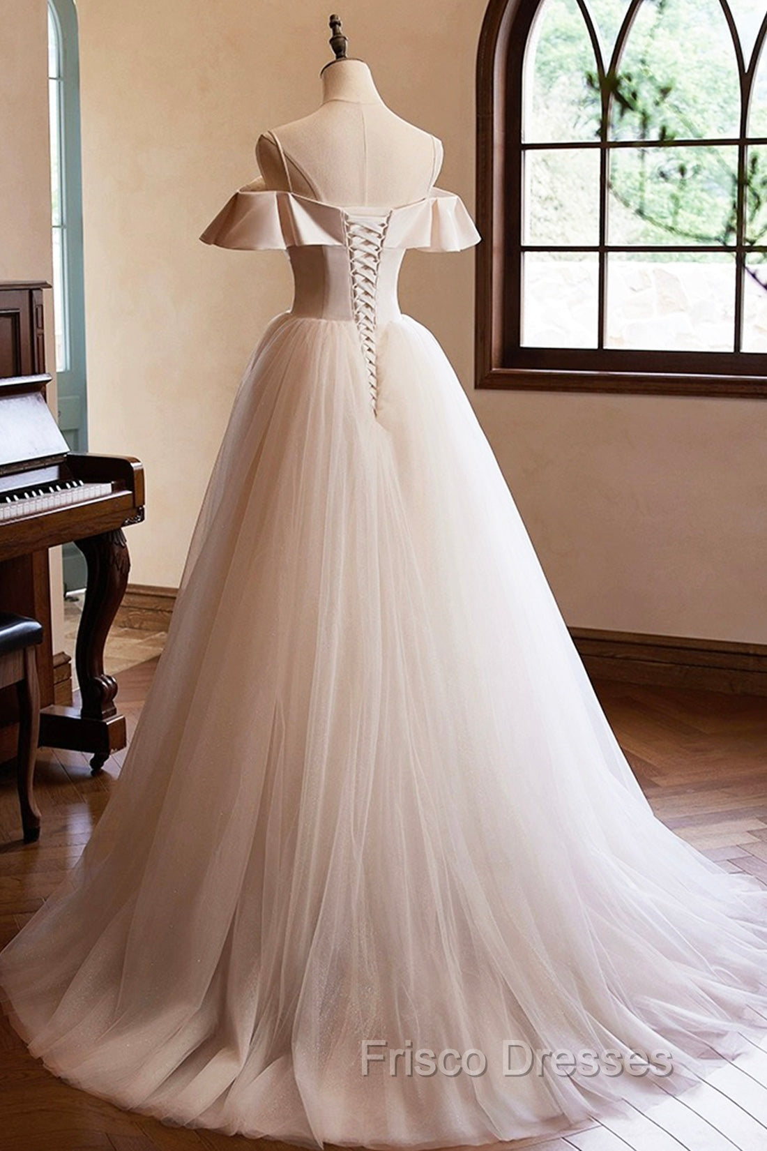 Champagne Spaghetti Straps Floor Length Formal Prom Dress, A-Line Sleeveless Backless Evening Party Dress