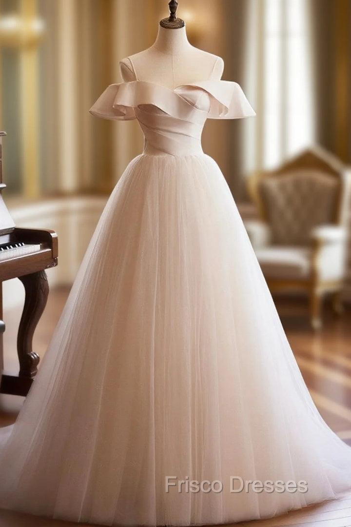 Champagne Spaghetti Straps Floor Length Formal Prom Dress, A-Line Sleeveless Backless Evening Party Dress