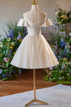 Champagne Spaghetti Straps Knee Length Formal Prom Dress, A-Line Sleeveless Backless Party Dress