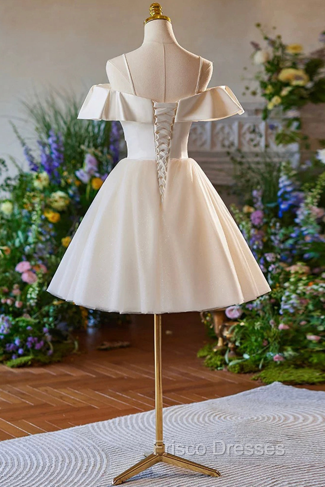 Champagne Spaghetti Straps Knee Length Formal Prom Dress, A-Line Sleeveless Backless Party Dress