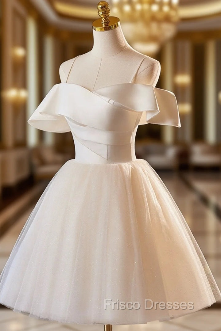 Champagne Spaghetti Straps Knee Length Formal Prom Dress, A-Line Sleeveless Backless Party Dress Main image