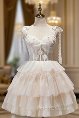 Champagne Spaghetti Straps Lace Party Dress, A-Line Short Homecoming Dress