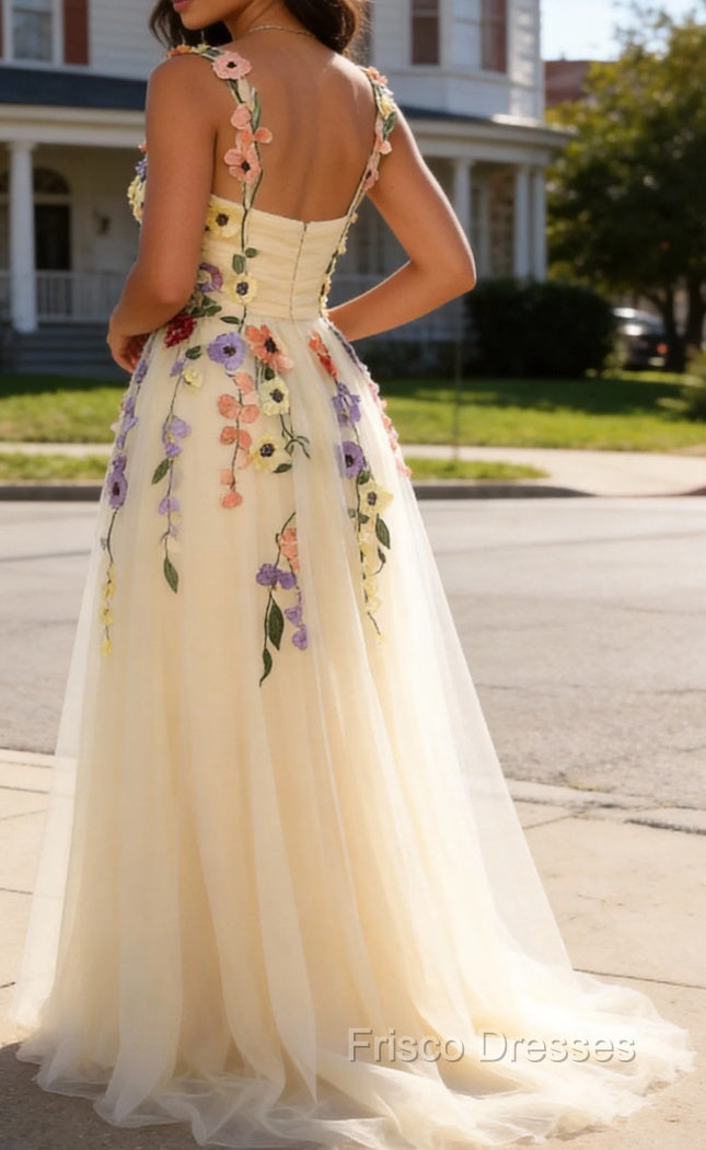 Champagne Spaghetti Straps Prom Dress With 3D Flowers