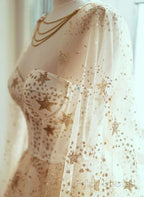 Champagne Stars A-Line Tulle Long Formal Dress, Champagne Formal Prom Dress