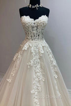 Champagne Strapless Lace Long Formal Prom Dress, A-Line Formal Evening Dress