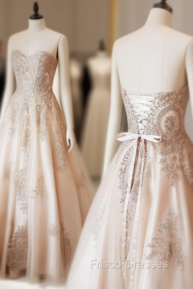 Champagne Sweetheart Lace Applique Long Formal Prom Dress, Champagne Evening Dress
