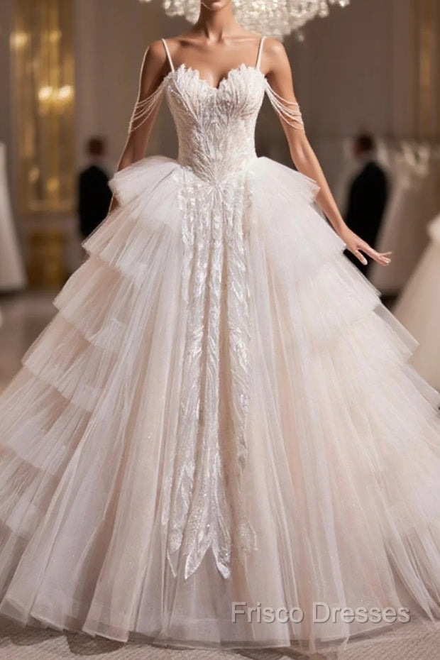 Champagne Sweetheart Layers Princess Dress, Beautiful Spaghetti Straps Tulle Formal Gown