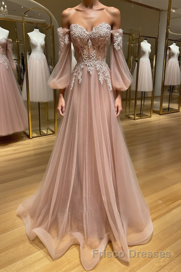 Champagne sweetheart neck tulle lace long Formal Prom Dresses, lace evening Dresses