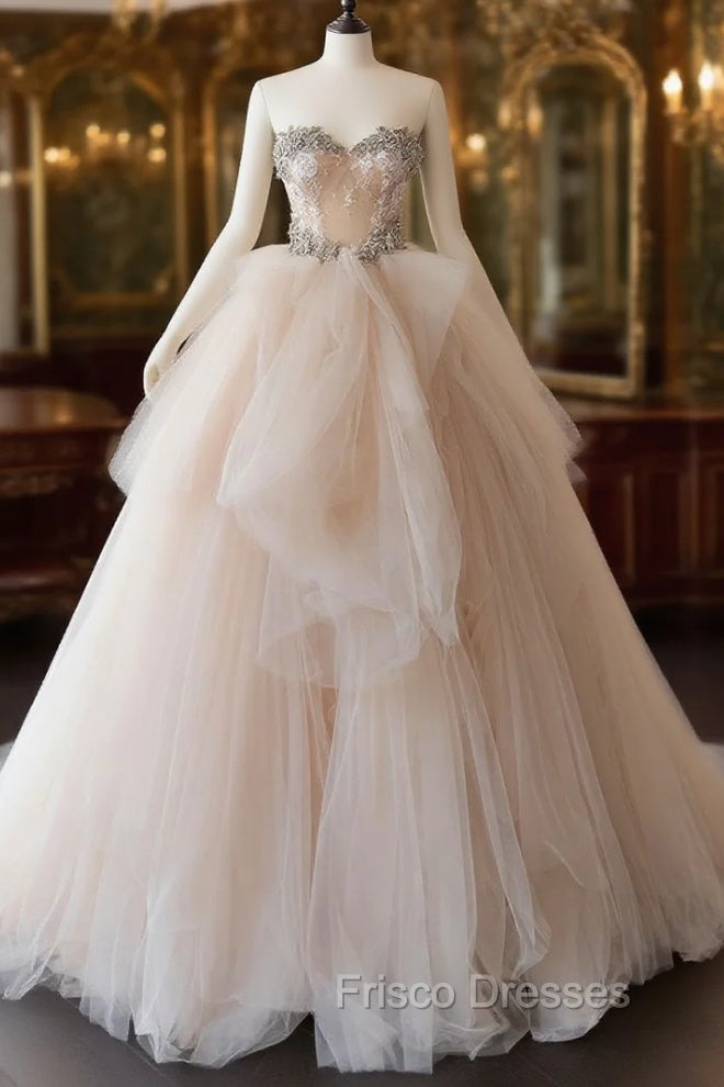 Champagne Sweetheart Neck Tulle Lace Long Tulle Wedding Dress Main image
