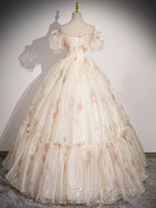 Champagne Sweetheart Neck Tulle Long Formal Prom Dress, Champagne Formal Dress