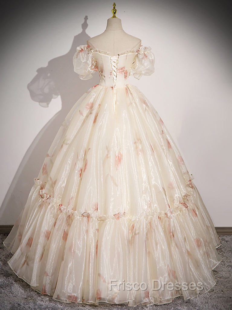 Champagne Sweetheart Neck Tulle Long Formal Prom Dress, Champagne Formal Dress