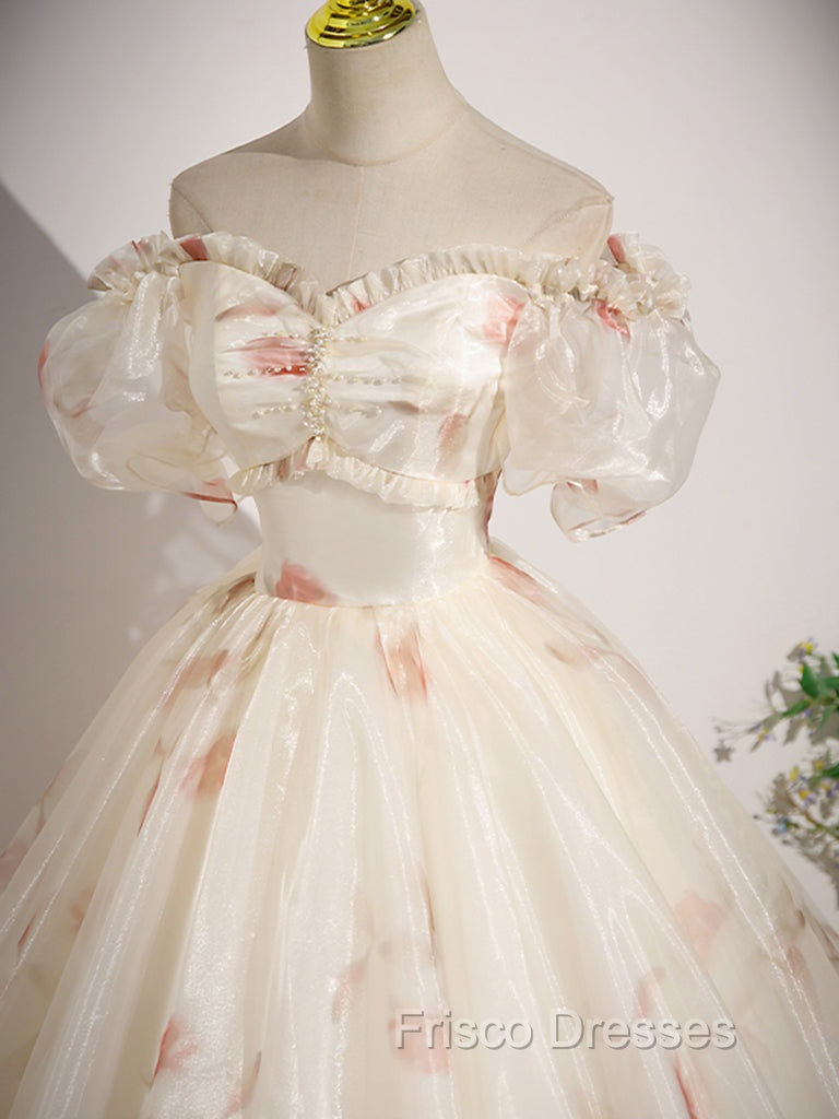 Champagne Sweetheart Neck Tulle Long Formal Prom Dress, Champagne Formal Dress