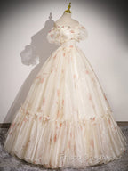 Champagne Sweetheart Neck Tulle Long Formal Prom Dress, Champagne Formal Dress