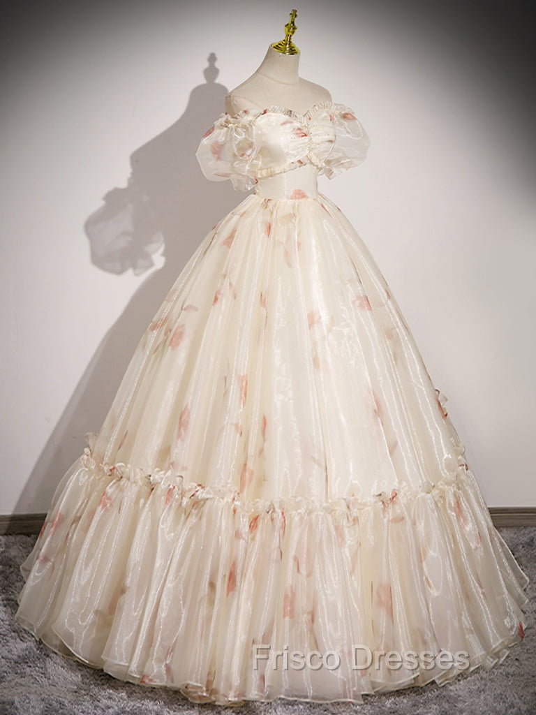 Champagne Sweetheart Neck Tulle Long Formal Prom Dress, Champagne Formal Dress