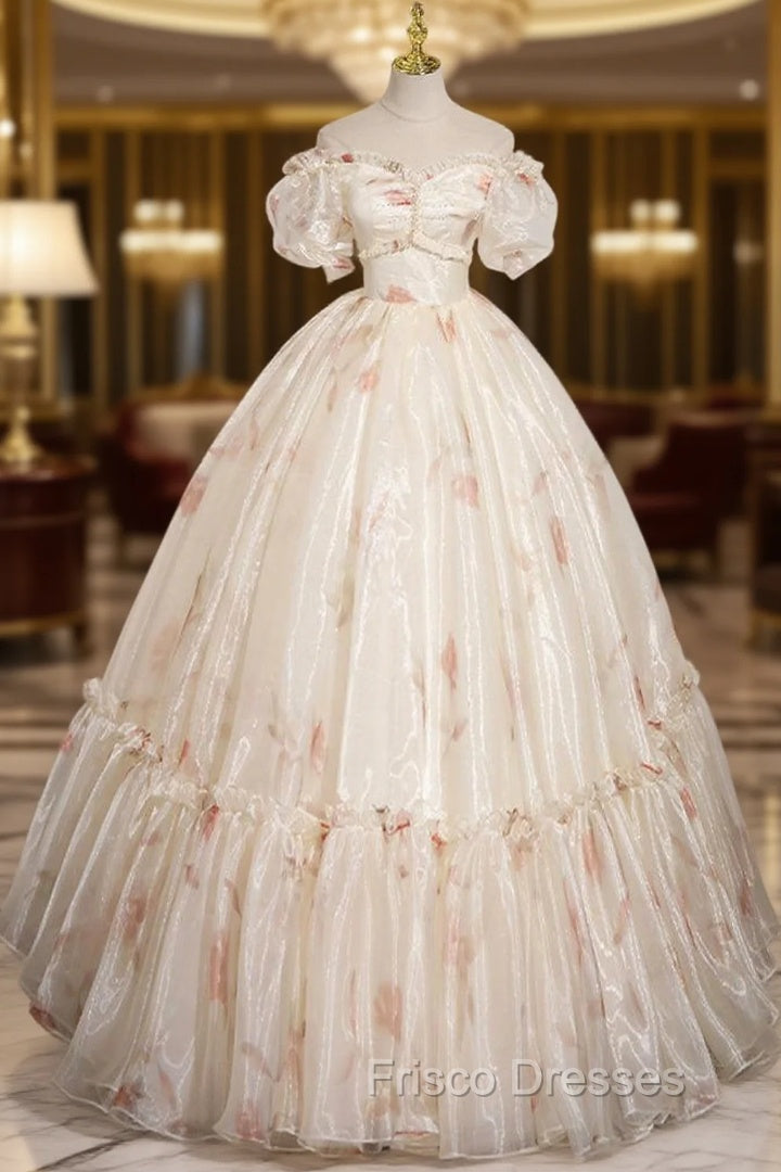 Champagne Sweetheart Neck Tulle Long Formal Prom Dress, Champagne Formal Dress Main image