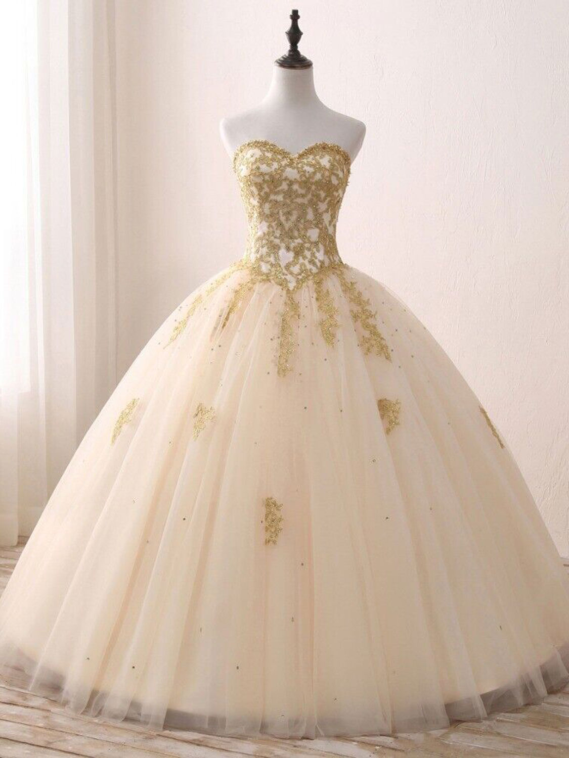 Champagne Sweetheart Neck Tulle Long Prom Gown, Champagne Sweet 16 Dress Main image