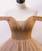 Champagne Sweetheart Off Shoulder Tulle Sequin Long Prom Dresses