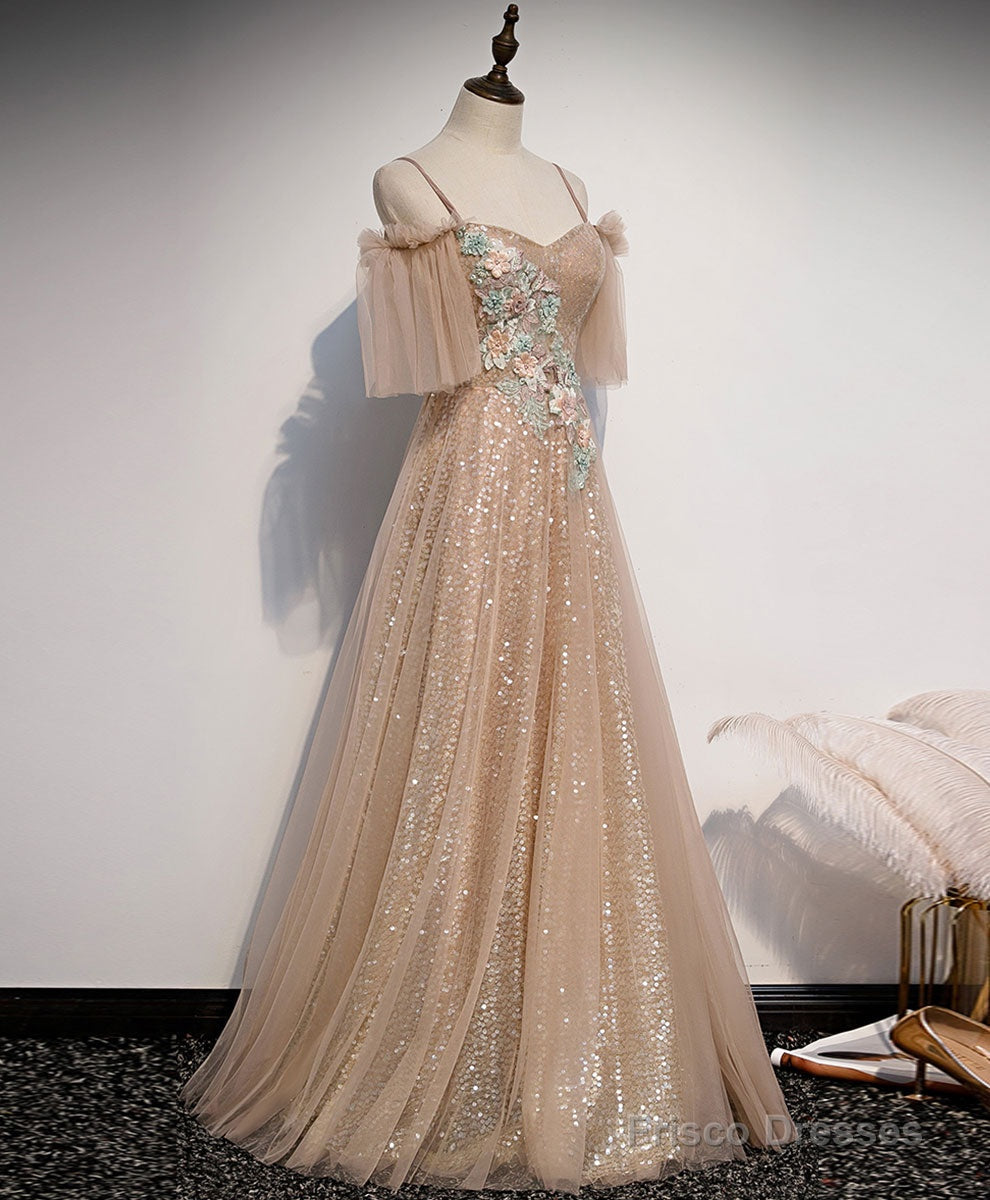 Champagne Sweetheart Tulle Lace Long Prom Dress Tulle Formal Dress Main image