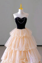 Champagne Sweetheart Tulle Layers Long Party Dress, Strapless A-Line Formal Prom Dress