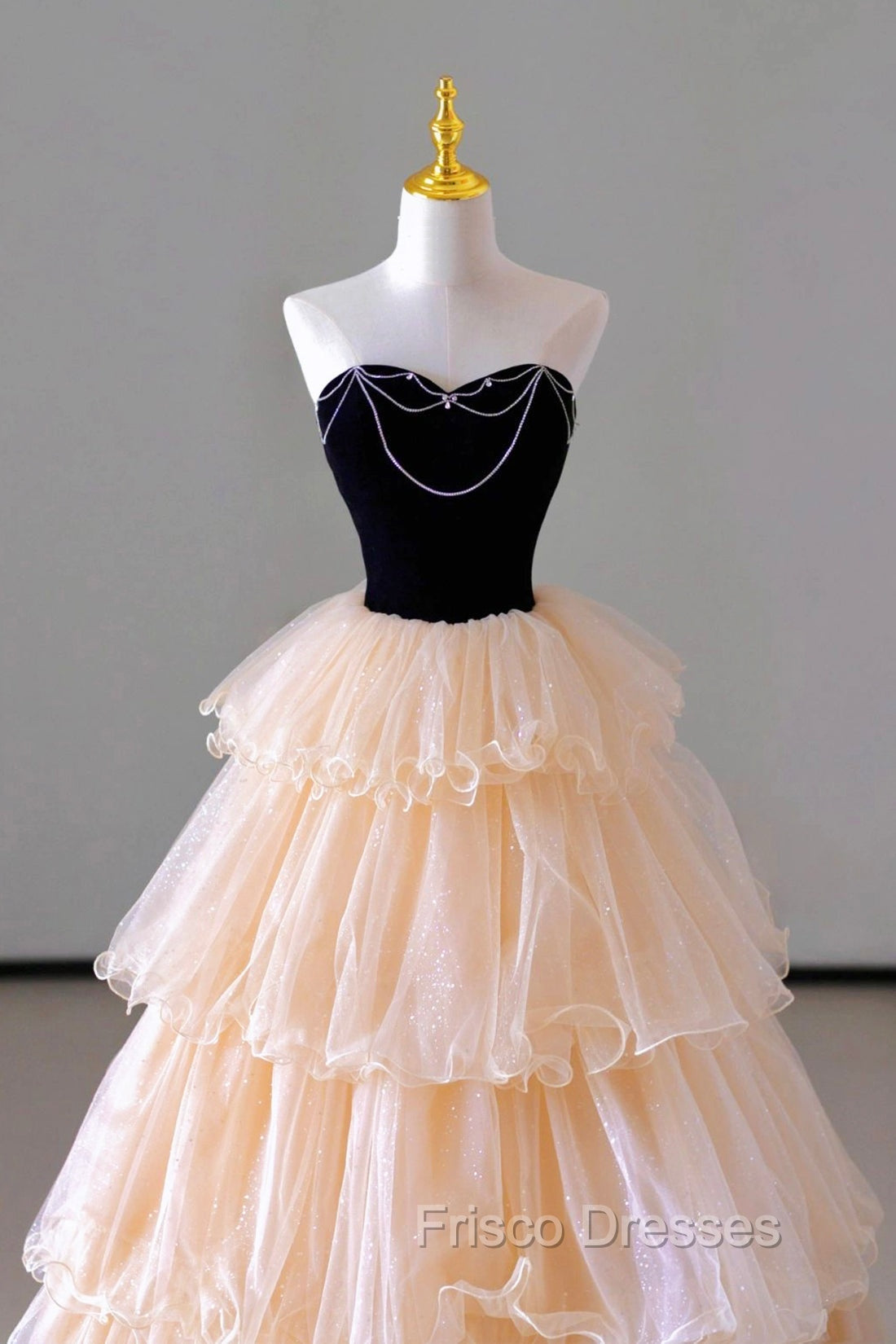 Champagne Sweetheart Tulle Layers Long Party Dress, Strapless A-Line Formal Prom Dress