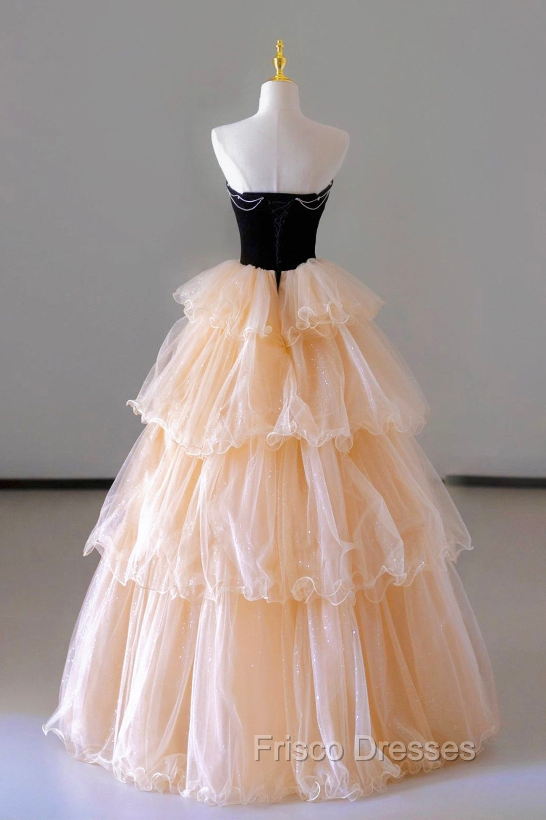 Champagne Sweetheart Tulle Layers Long Party Dress, Strapless A-Line Formal Prom Dress