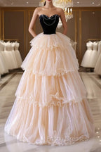Champagne Sweetheart Tulle Layers Long Party Dress, Strapless A-Line Formal Prom Dress