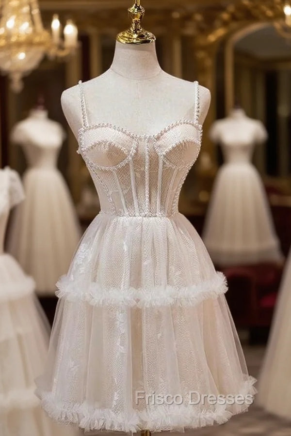 Champagne Tille Spaghetti Straps Pearls Homecoming Dress