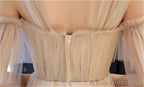 Champagne Tulle A-Line Off Shoulder Formal Dress With Flowers, Simple Prom Dresses Party Dress