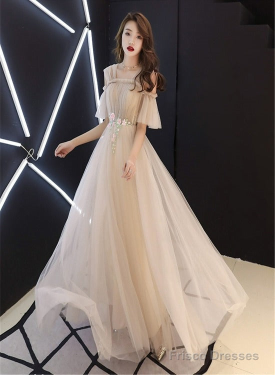 Champagne Tulle A-Line Off Shoulder Formal Dress With Flowers, Simple Prom Dresses Party Dress Main image