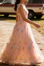 Champagne Tulle A Line Spaghetti Straps Ruched Long Prom Dress with Embroidery