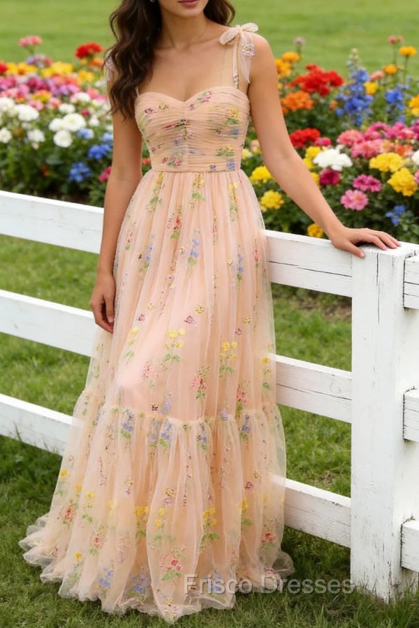 Champagne Tulle A Line Spaghetti Straps Ruched Long Prom Dress with Embroidery Main image