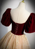 Champagne Tulle and Velvet Long Party Dress, Short Sleeves Formal Prom Dress